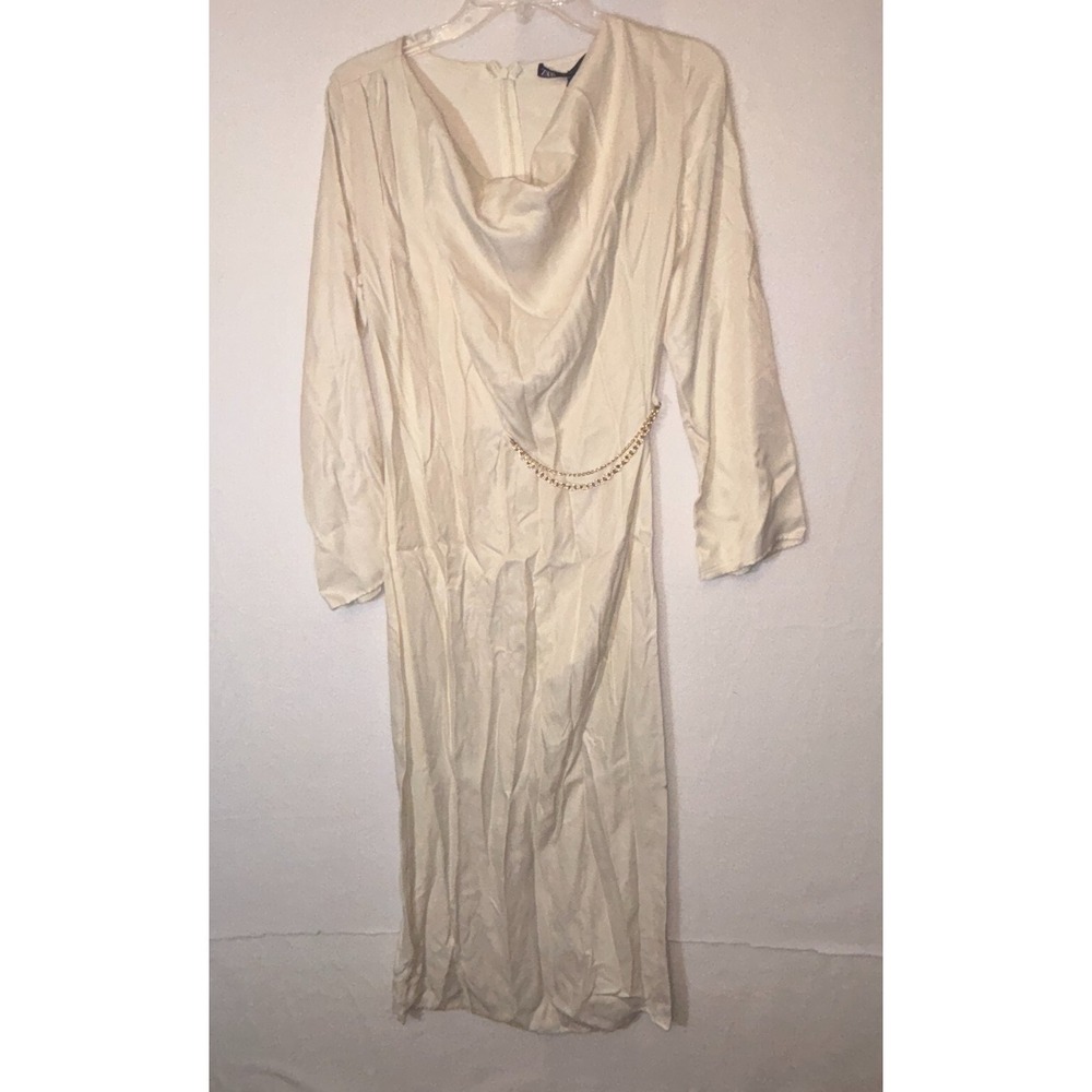 ZARA Ecru Gold Chain Satin Draped Midi Dress NWT *needs cleaning‎ Women's XS